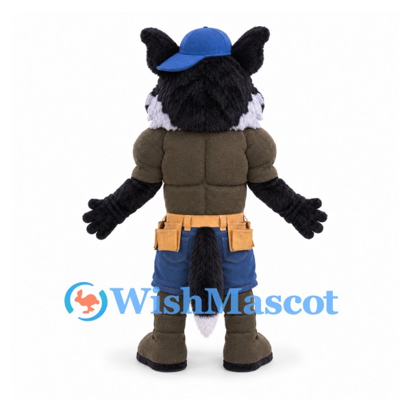 Builder Wolf Mascot Costume with Blue Cap and Tool Belt