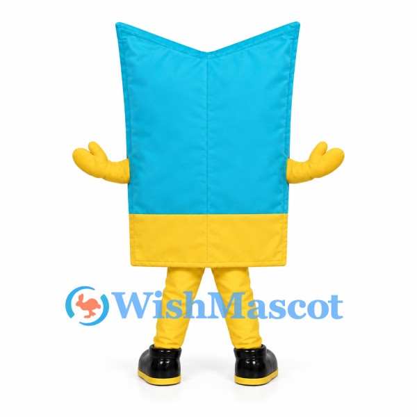 Cat Food Bag Mascot Costume in Blue and Yellow with Cat Photo Front