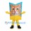 Cat Food Bag Mascot Costume in Blue and Yellow with Cat Photo Front