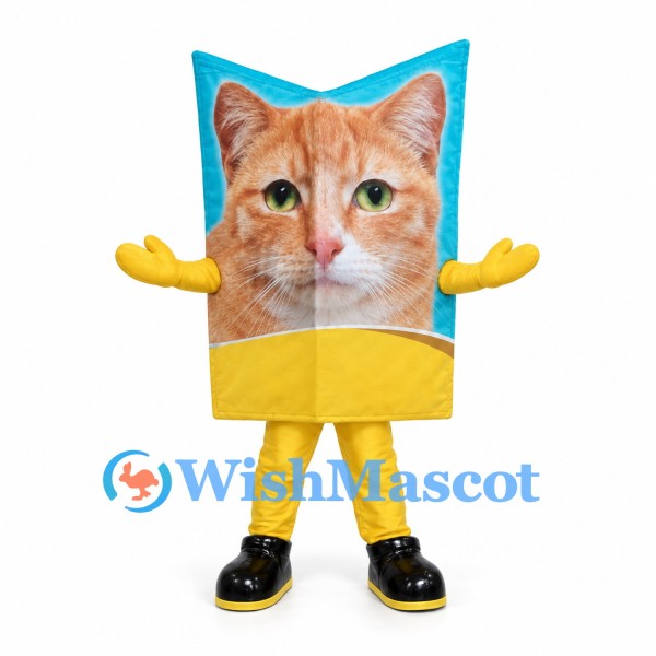 Cat Food Bag Mascot Costume in Blue and Yellow with Cat Photo Front