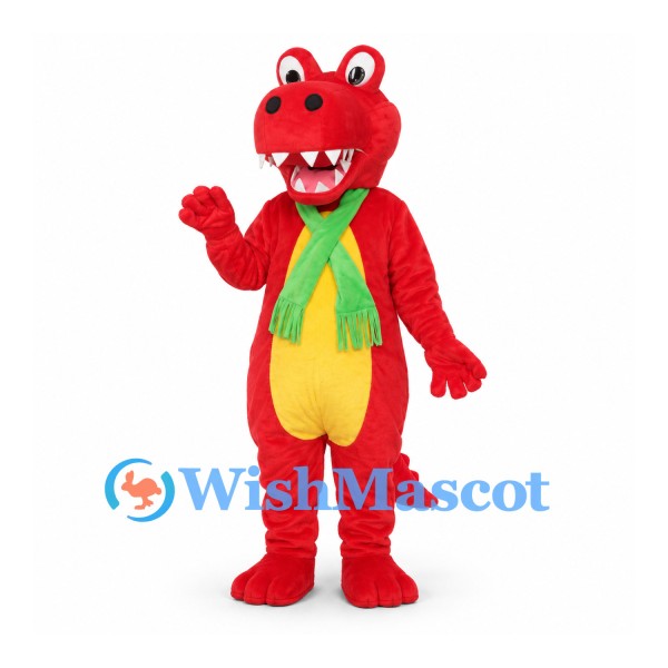 Dragon Mascot Costume in Red with Yellow Belly and Green Scarf