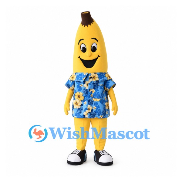Banana Mascot Costume with Blue Floral Shirt and Black Shoes