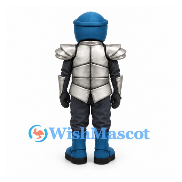 Knight Mascot Costume with Silver Armor and Blue Helmet