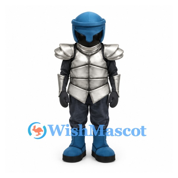 Knight Mascot Costume with Silver Armor and Blue Helmet