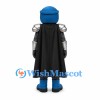 Knight Mascot Costume with Silver Armor Blue Helmet and Black Cape