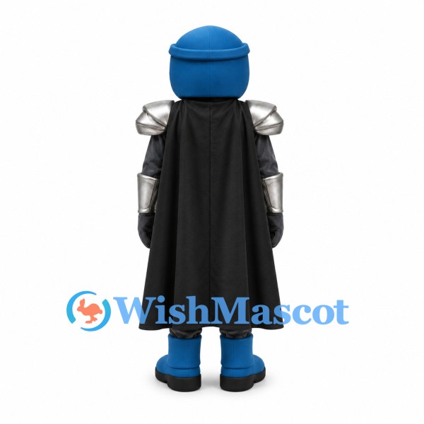 Knight Mascot Costume with Silver Armor Blue Helmet and Black Cape