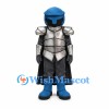 Knight Mascot Costume with Silver Armor Blue Helmet and Black Cape