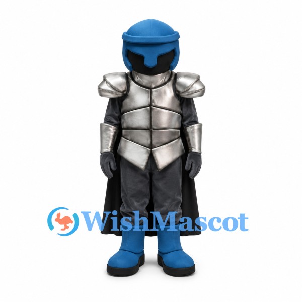 Knight Mascot Costume with Silver Armor Blue Helmet and Black Cape
