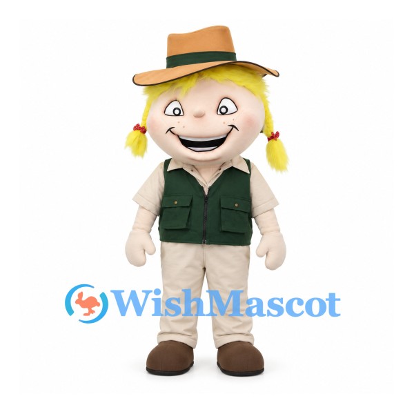 Explorer Girl Mascot Costume with Tan Hat and Green Vest