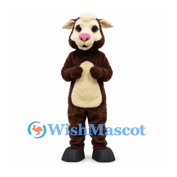 Cow Mascot Costume in Brown with Cream Belly and Pink Nose