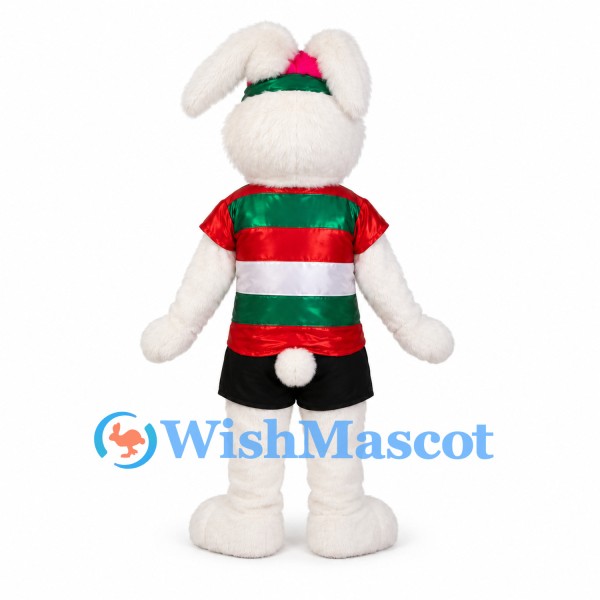 Rabbit Mascot Costume with Red and Green Striped Sports Shirt