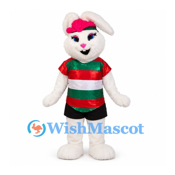 Rabbit Mascot Costume with Red and Green Striped Sports Shirt