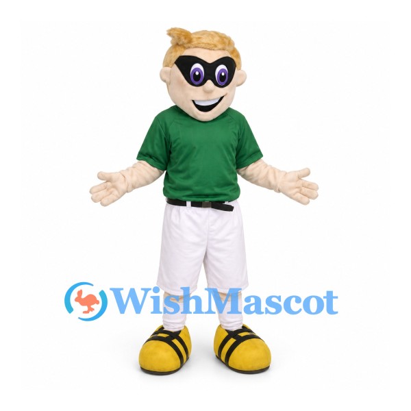Superhero Boy Mascot Costume with Green Shirt and Black Eye Mask