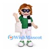 Superhero Girl Mascot Costume with Green Shirt and Striped Scarf