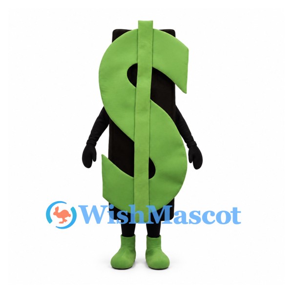 Dollar Sign Mascot Costume in Green with Black Body
