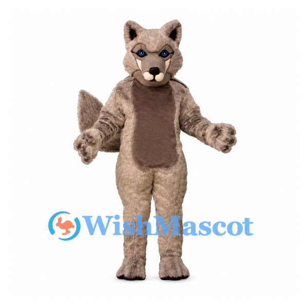 Wolf Mascot Costume in Gray with Brown Belly and Fluffy Tail