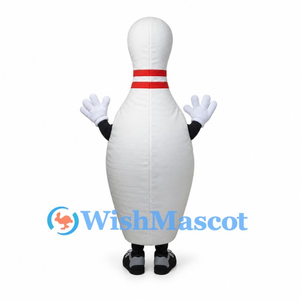 Bowling Pin Mascot Costume in White with Red Neck Stripes