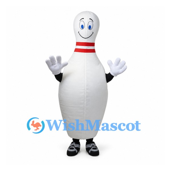 Bowling Pin Mascot Costume in White with Red Neck Stripes
