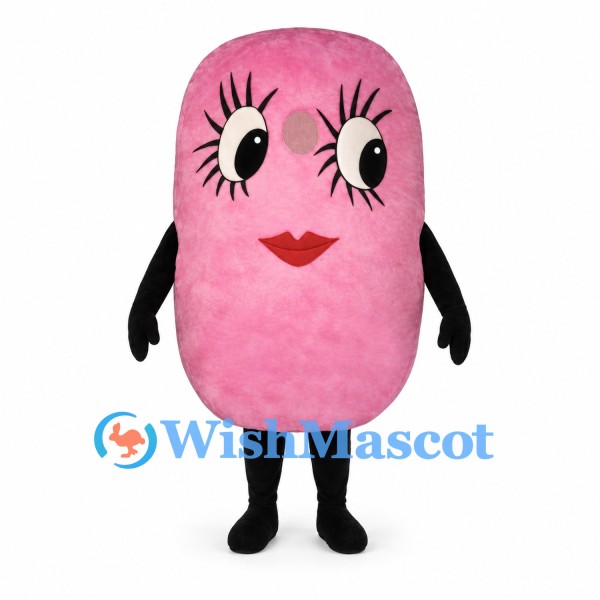 Pink Character Mascot Costume with Rounded Rectangular Body and Long Eyelashes