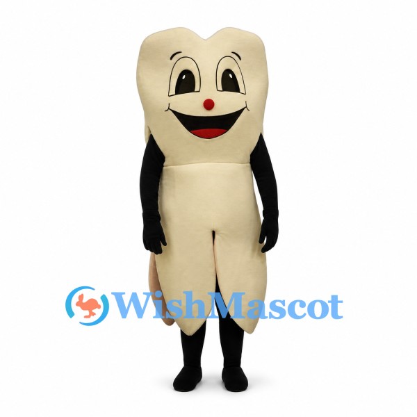 Tooth Mascot Costume in Cream with Red Nose and Smiling Face