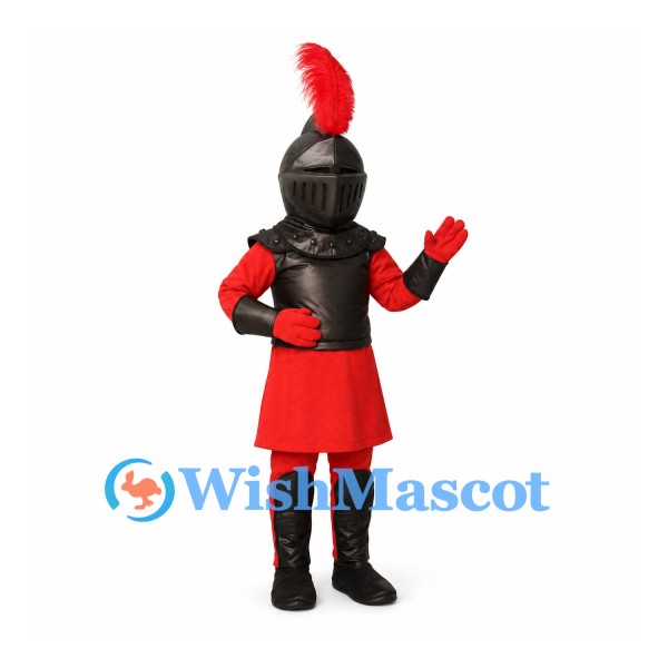Knight Mascot Costume with Black Armor and Red Plume
