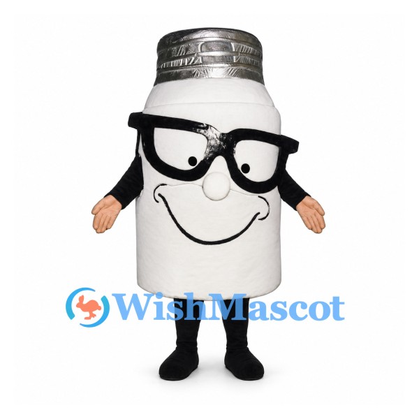 Salt Shaker Mascot Costume in White with Black Glasses