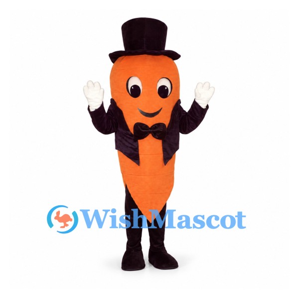 Carrot Mascot Costume with Black Top Hat and Bow Tie
