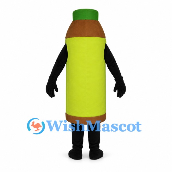 Bottle Mascot Costume in Brown with Green Cap and Lime Label