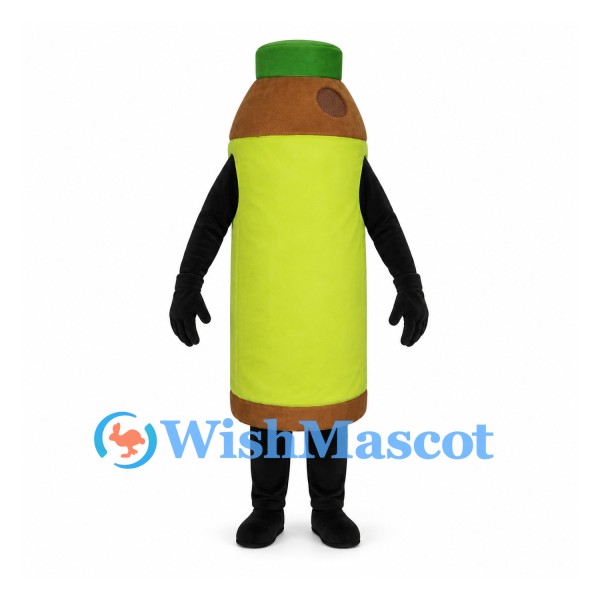 Bottle Mascot Costume in Brown with Green Cap and Lime Label