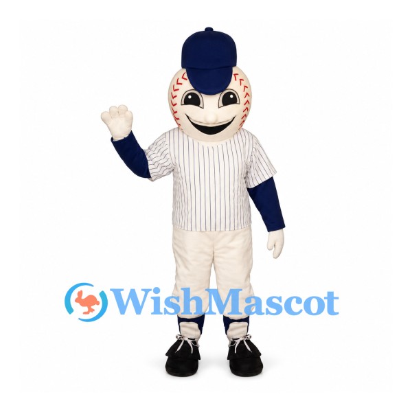 Baseball Mascot Costume with White Pinstripe Uniform and Navy Cap