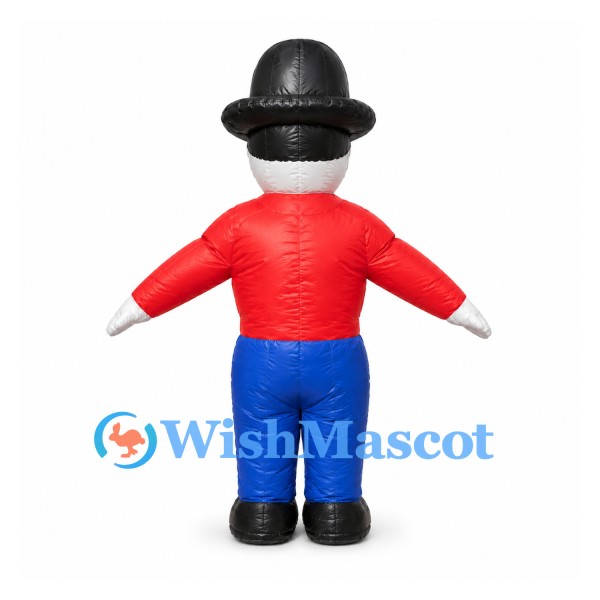 Man Mascot Costume with Black Bowler Hat and Red Shirt