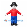 Man Mascot Costume with Black Bowler Hat and Red Shirt