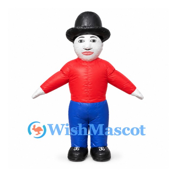 Man Mascot Costume with Black Bowler Hat and Red Shirt