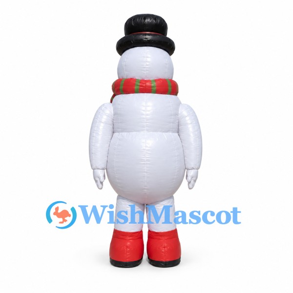 Snowman Mascot Costume with Black Top Hat and Plaid Scarf
