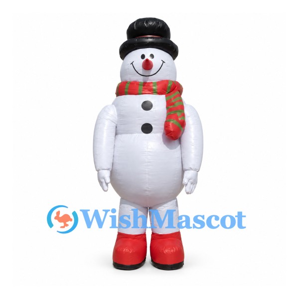 Snowman Mascot Costume with Black Top Hat and Plaid Scarf