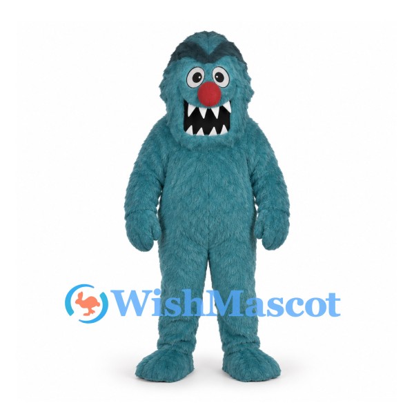 Monster Mascot Costume in Teal with Red Nose and Large Teeth