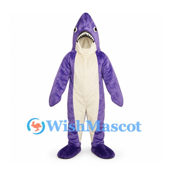 Shark Mascot Costume in Purple with White Belly and Teeth