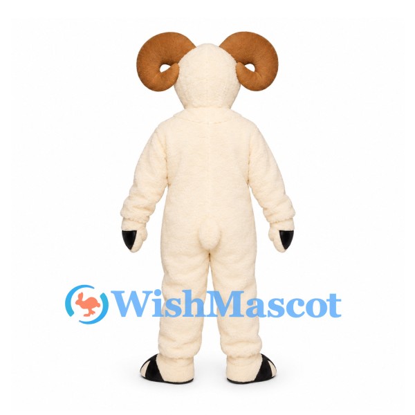 Ram Mascot Costume in Cream with Curved Brown Horns