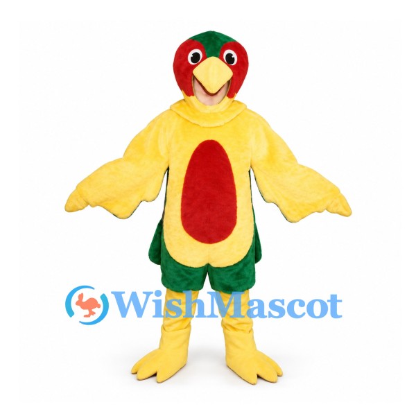 Parrot Mascot Costume in Yellow with Red Belly and Green Tail
