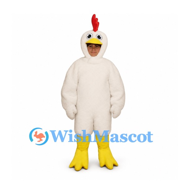Chicken Mascot Costume in White with Red Comb and Open Face Hood