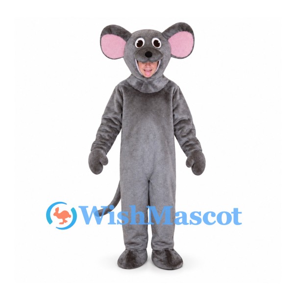 Mouse Mascot Costume in Gray with Pink Inner Ears and Long Tail