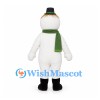 Snowman Mascot Costume with Black Top Hat and Green Scarf