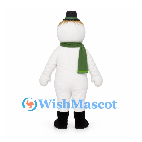 Snowman Mascot Costume with Black Top Hat and Green Scarf
