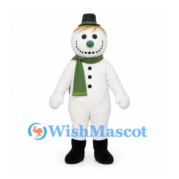 Snowman Mascot Costume with Black Top Hat and Green Scarf