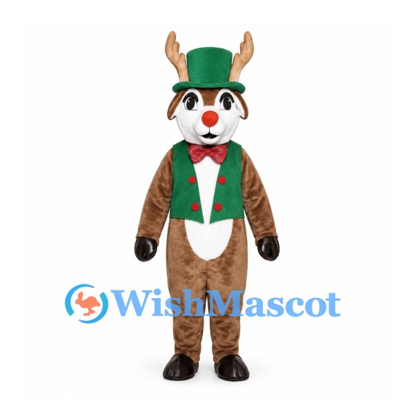 Reindeer Mascot Costume with Green Top Hat and Vest