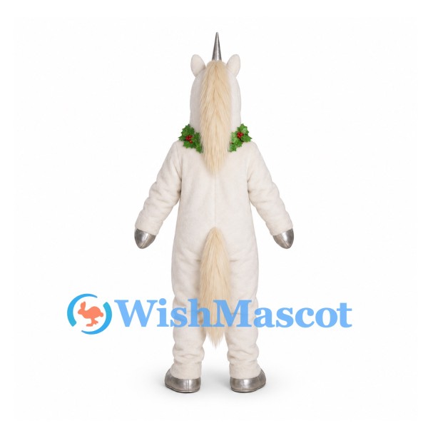 Unicorn Mascot Costume in White with Silver Horn and Christmas Wreath