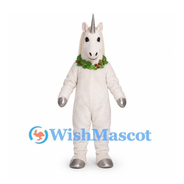 Unicorn Mascot Costume in White with Silver Horn and Christmas Wreath