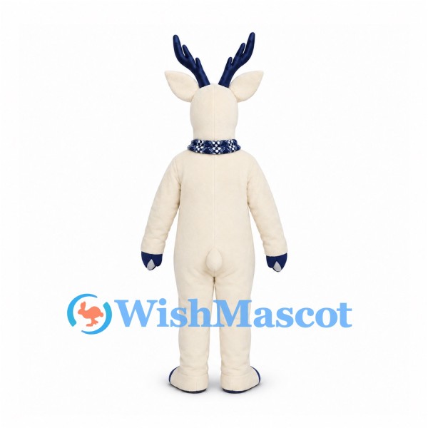 Reindeer Mascot Costume in White with Blue Antlers and Striped Scarf