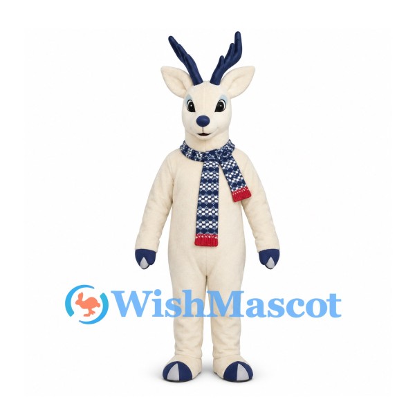 Reindeer Mascot Costume in White with Blue Antlers and Striped Scarf