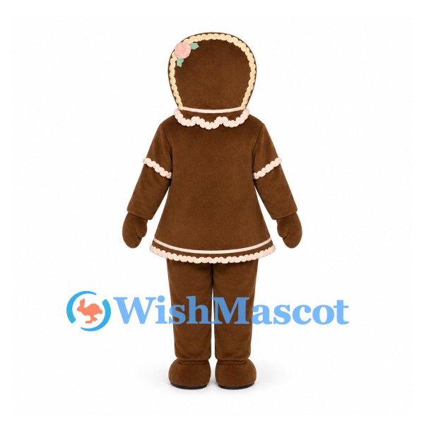 Gingerbread Girl Mascot Costume with Brown Dress and White Icing Details